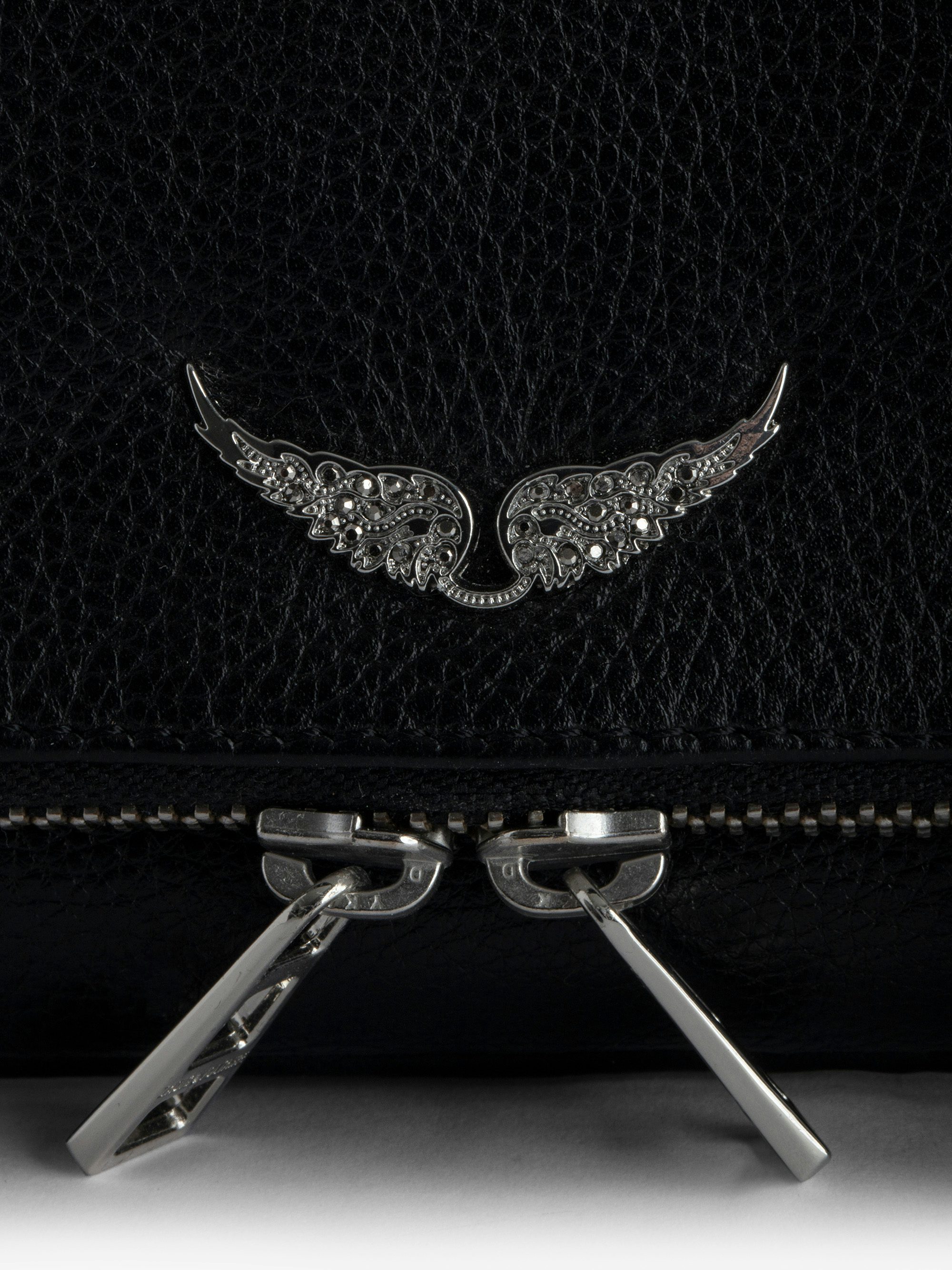 Rock Nano Clutch - Grained leather clutch with double leather and metal chains and rhinestone-adorned wings.